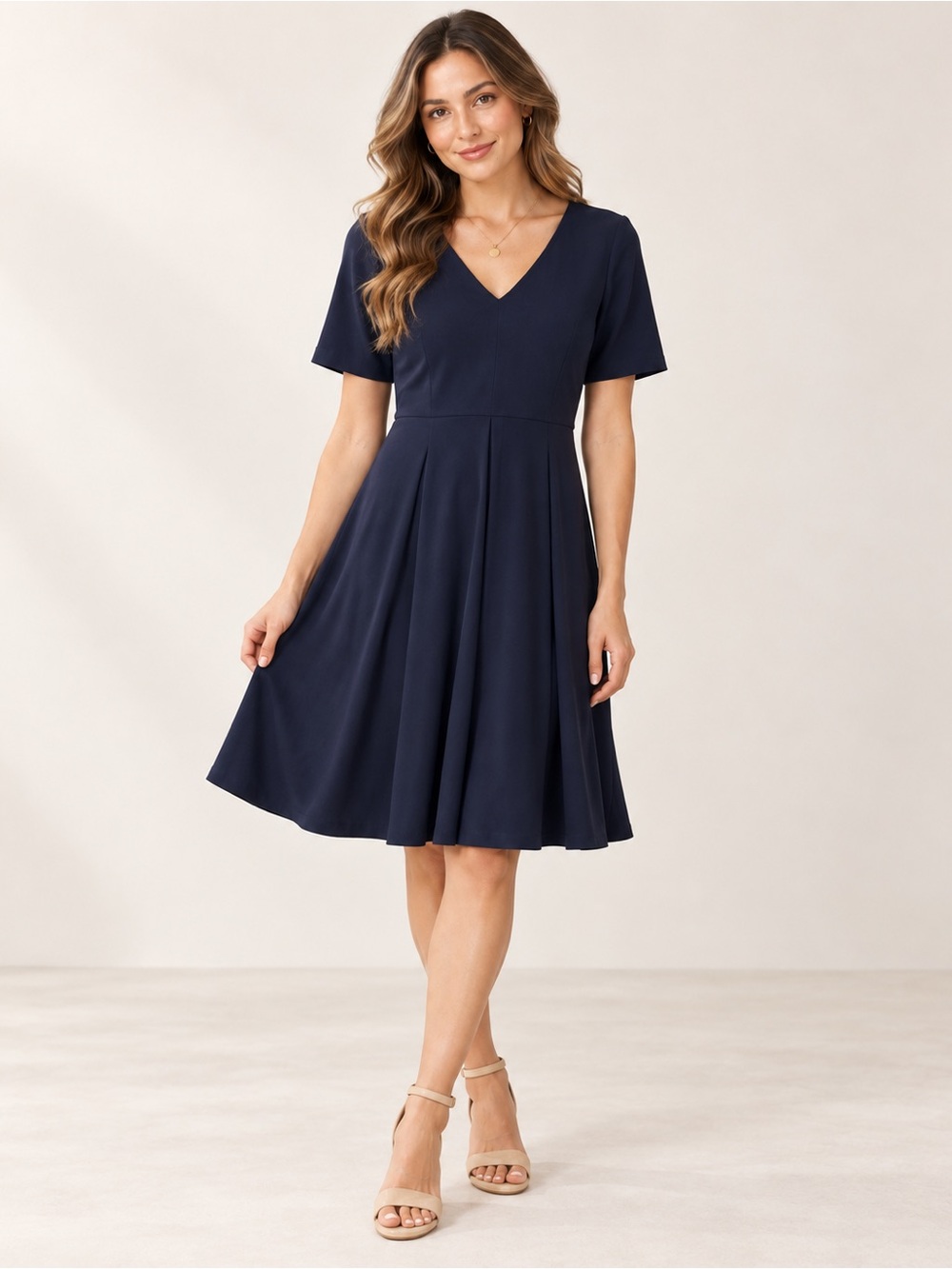 Gal Meets Glam Navy V-Neck Midi Fit-and-Flare Dress